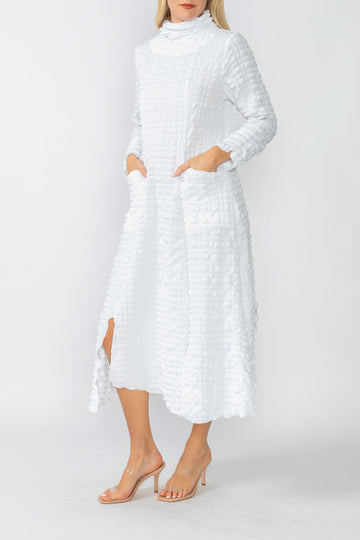 White Mock Neck W/ Shirring Front Slit Uneven Hem 3/4 Sleeve Maxi Dress